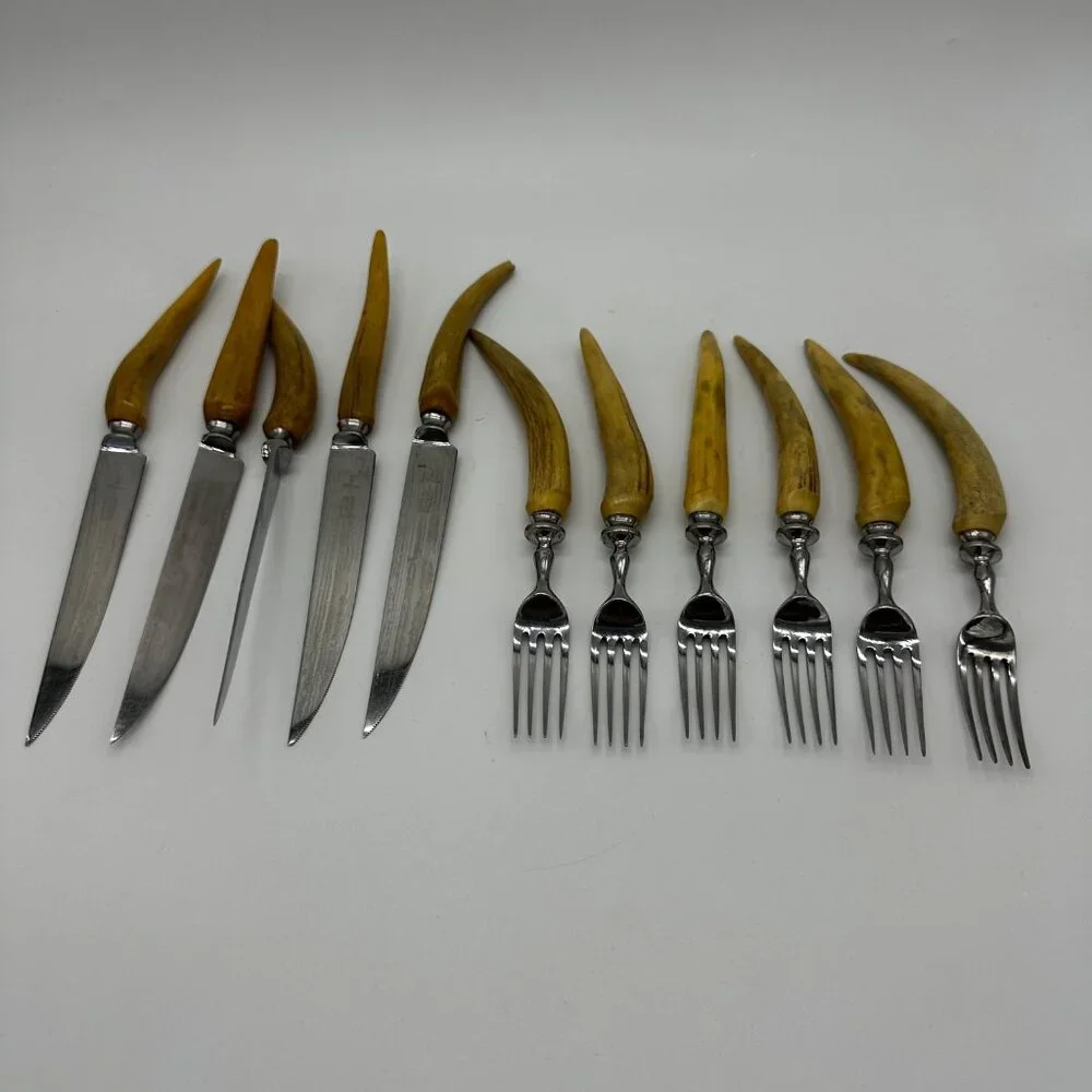 Sheffield Latham Owen Rustic Antler Horn Handle‎ Utensils Knives Forks Cased Set